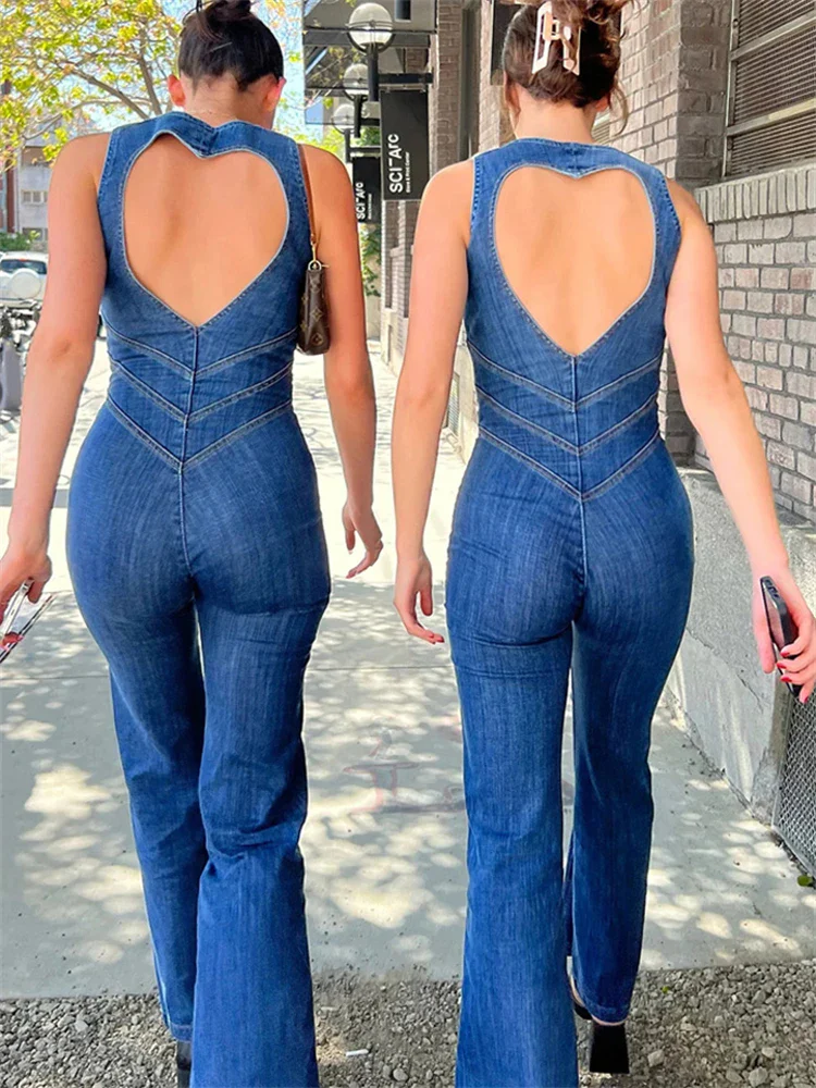 Denim Jumpsuit Dames – Mouwloos met Open Rug en Uitlopende Pijpen