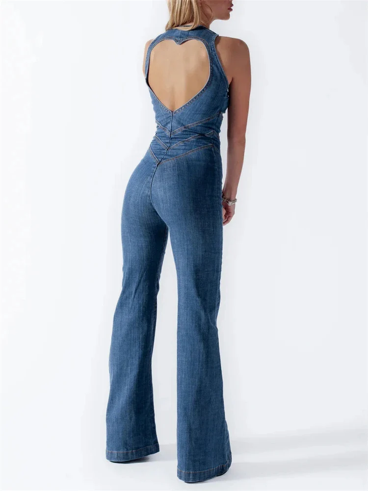 Denim Jumpsuit Dames – Mouwloos met Open Rug en Uitlopende Pijpen