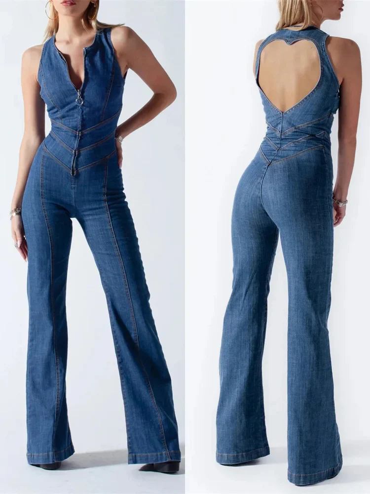 Denim Jumpsuit Dames – Mouwloos met Open Rug en Uitlopende Pijpen