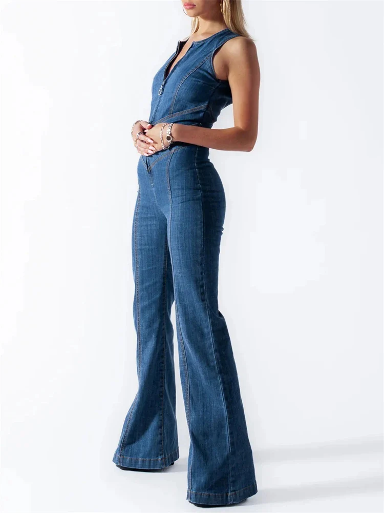Denim Jumpsuit Dames – Mouwloos met Open Rug en Uitlopende Pijpen