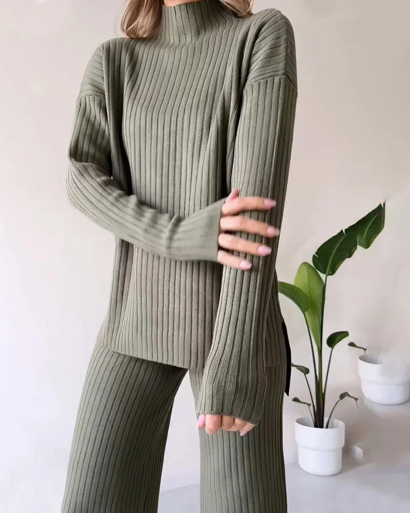 Geribde Lounge Set met Wijde Pijpen – Tweedelig Comfortpak