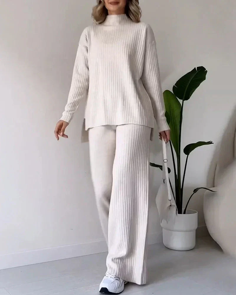 Geribde Lounge Set met Wijde Pijpen – Tweedelig Comfortpak