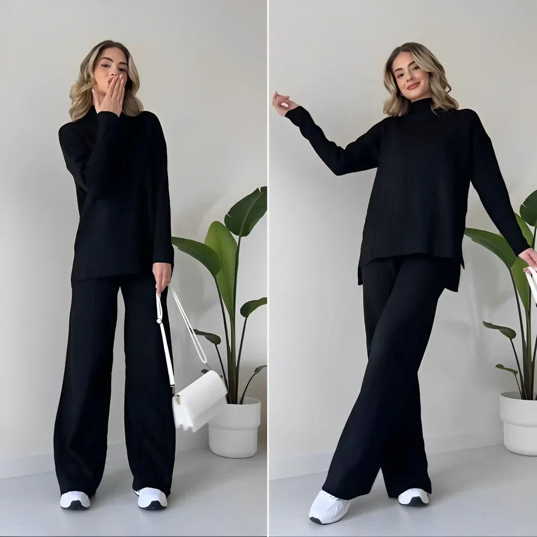 Geribde Lounge Set met Wijde Pijpen – Tweedelig Comfortpak
