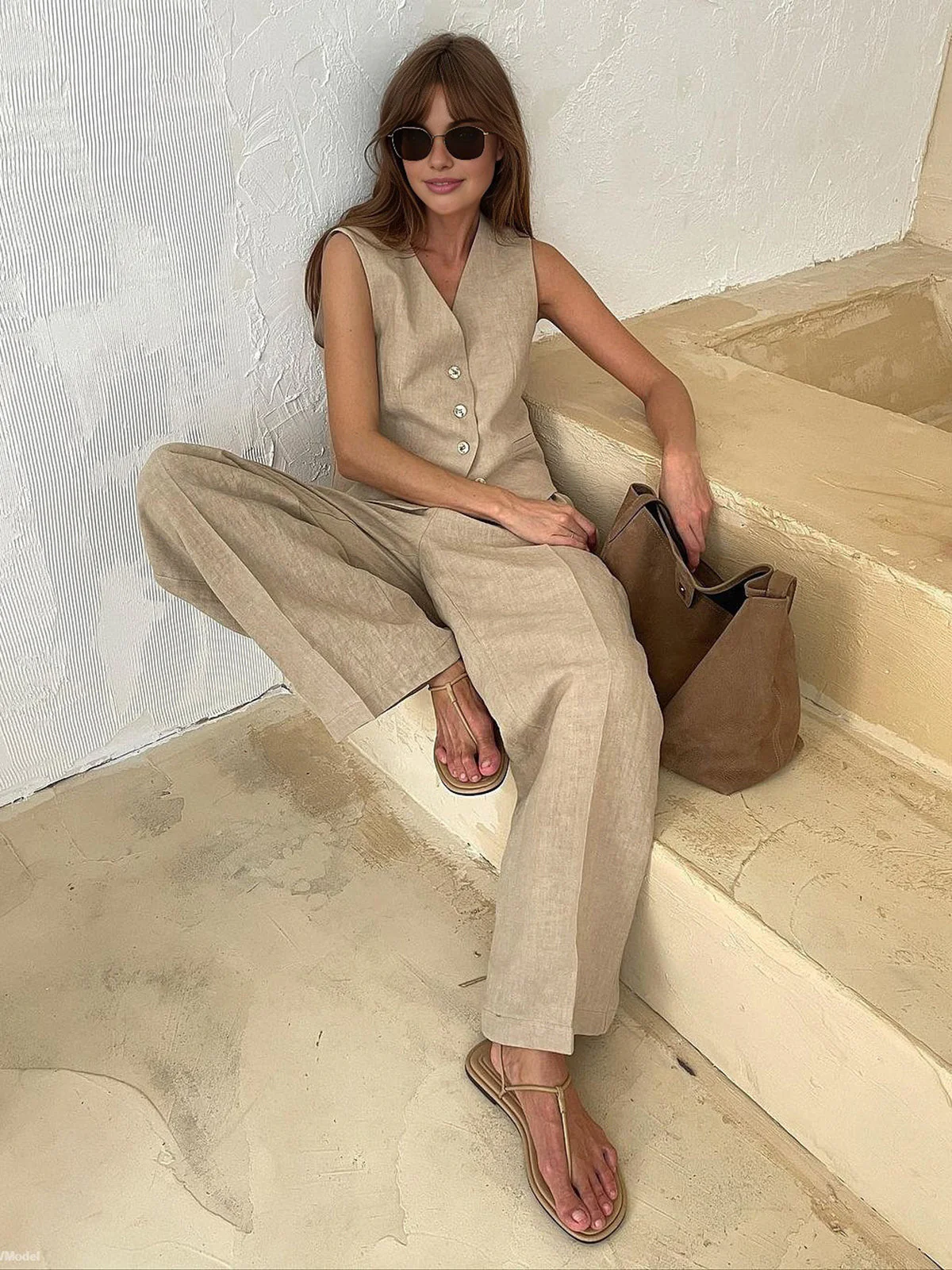 Tweedelige linnen set voor dames – Mouwloos vest en wijde broek