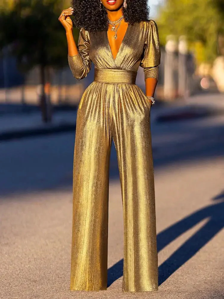 Satijnen jumpsuit met V-hals – Elegant met brede pijpen