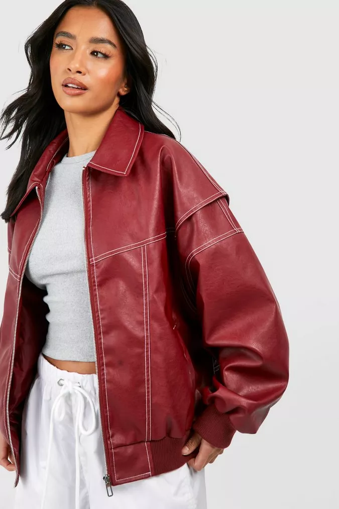 Oversized damesjas van imitatieleer – Ritssluiting en contrastnaden