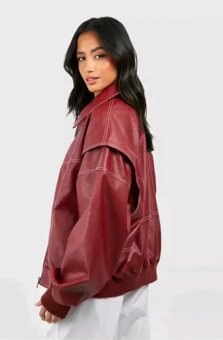 Oversized damesjas van imitatieleer – Ritssluiting en contrastnaden