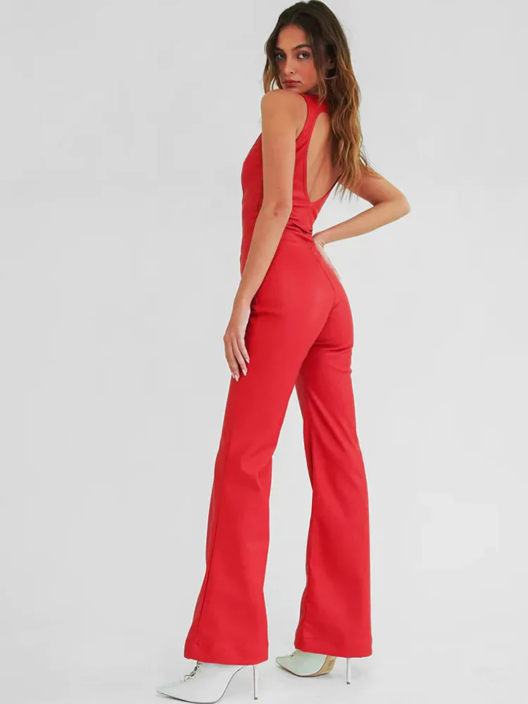 Denim Jumpsuit Dames – Mouwloos met Open Rug en Uitlopende Pijpen