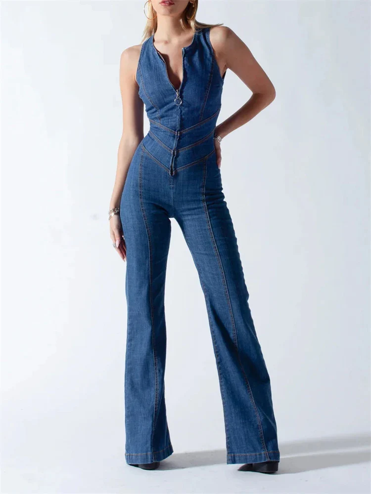 Denim Jumpsuit Dames – Mouwloos met Open Rug en Uitlopende Pijpen