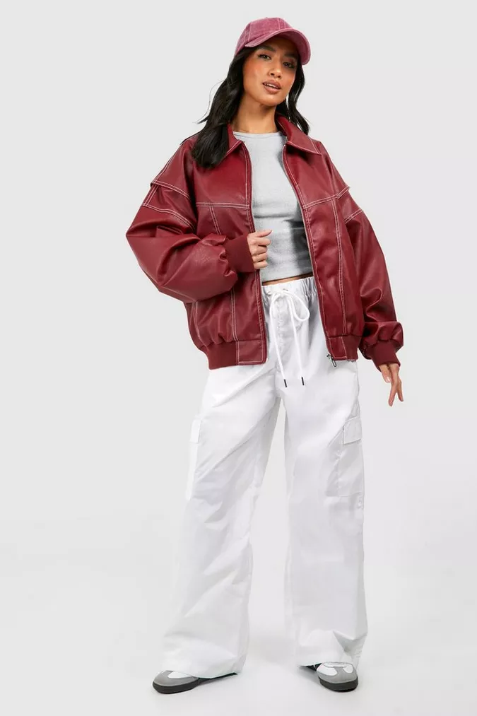 Oversized damesjas van imitatieleer – Ritssluiting en contrastnaden