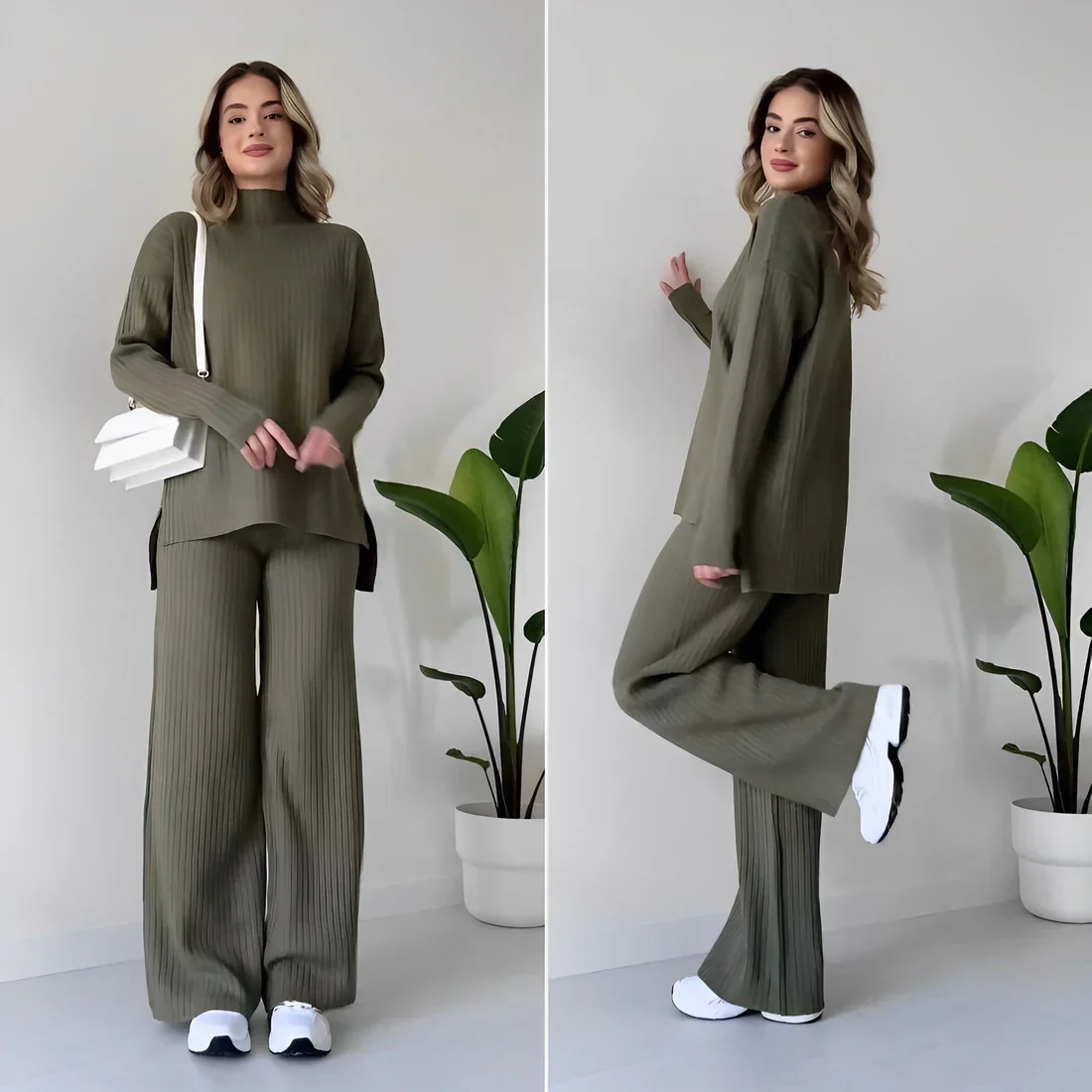 Geribde Lounge Set met Wijde Pijpen – Tweedelig Comfortpak