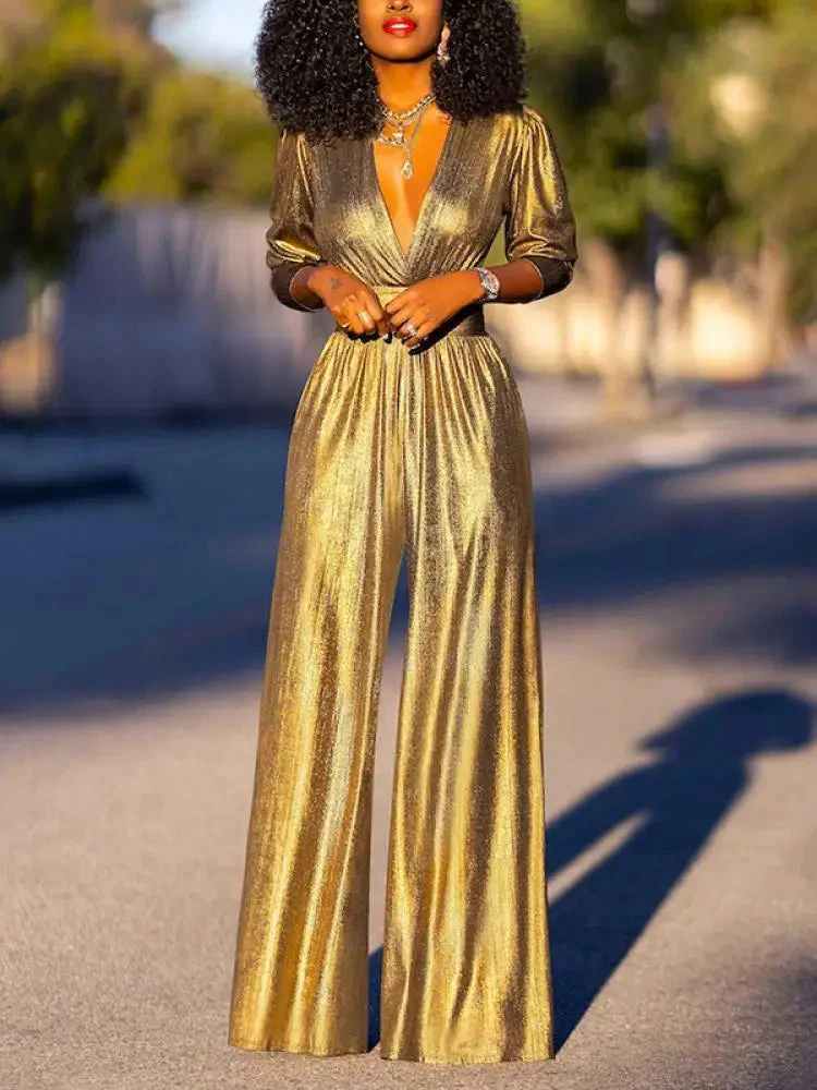 Satijnen jumpsuit met V-hals – Elegant met brede pijpen