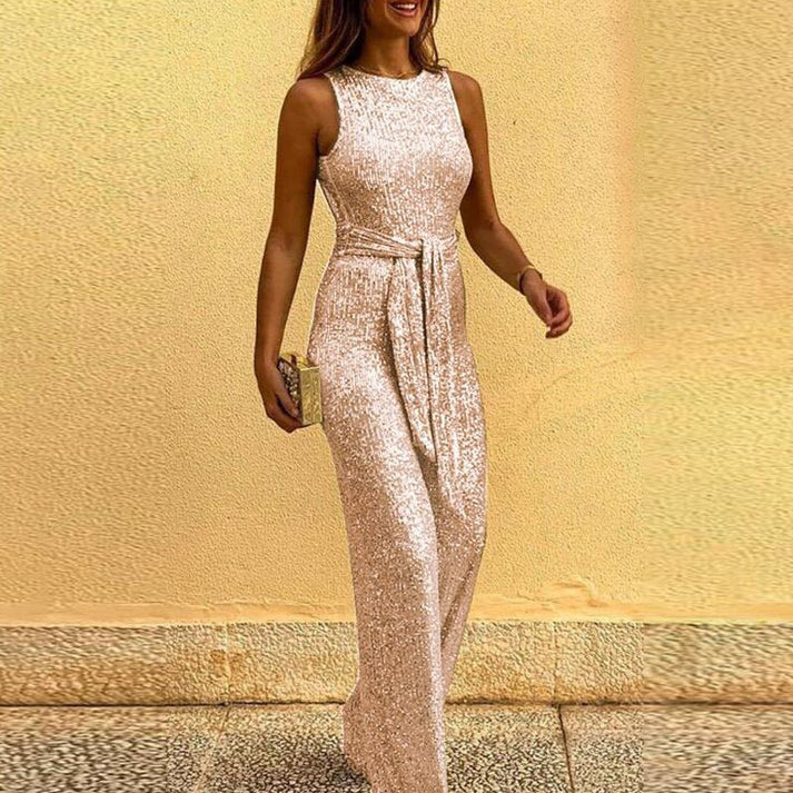 Amélie – Mouwloze Glitter Jumpsuit met Ceintuur